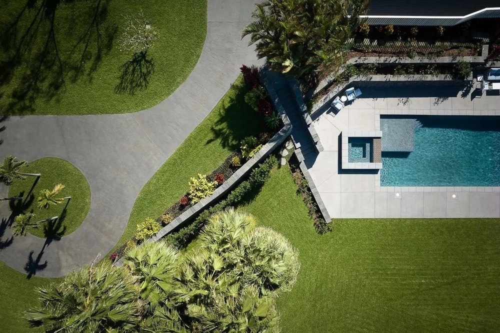Aerial of a pool at a luxury home in Hawaii belonging to supermodel Jessica Stam