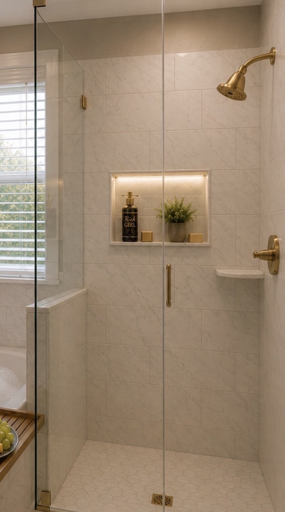 Payton describes her bathroom sanctuary as "very light" with "a lot of whites" and gold finishes.