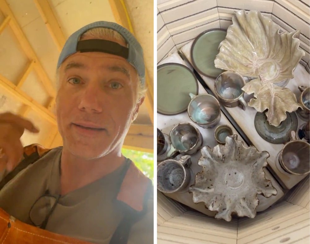 Anson Mount shows off his pottery during a live kiln opening on Instagram