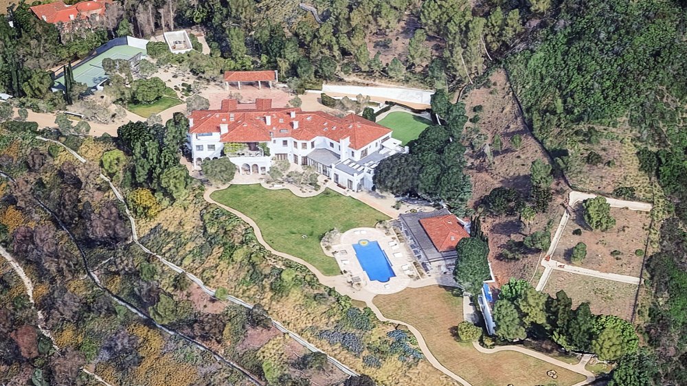 Aerial View of Drake's Luxury Manor Sprawling Hillside Tuscan Villa Estate in Benedict Canyon