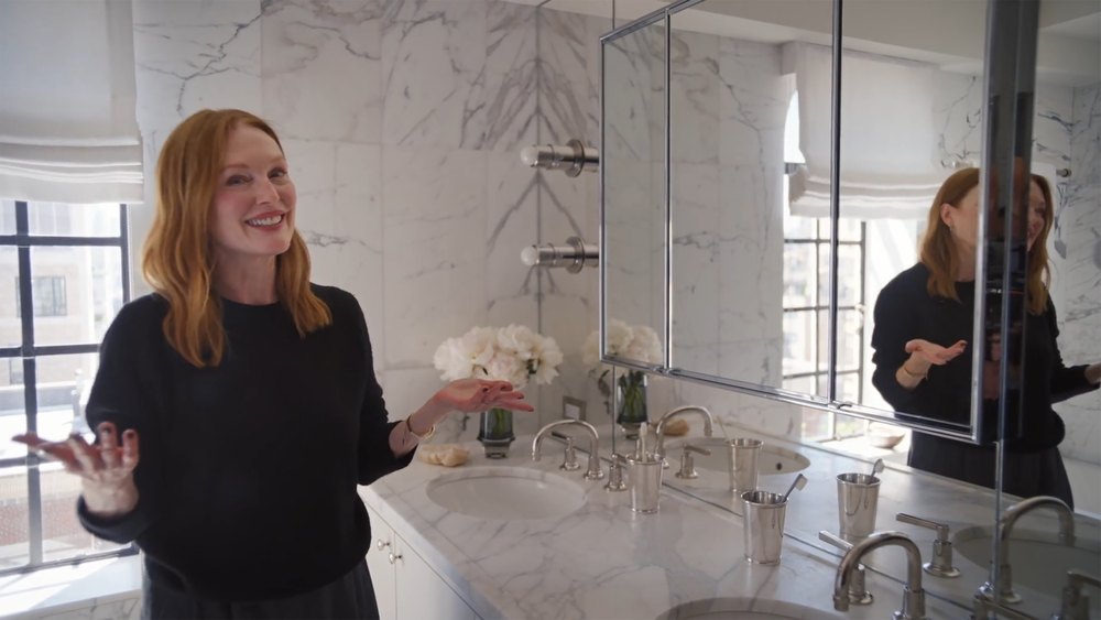 Luxury Marble Bathroom Vanity with Tri-Fold Mirror Cabinets and Chrome Fixtures